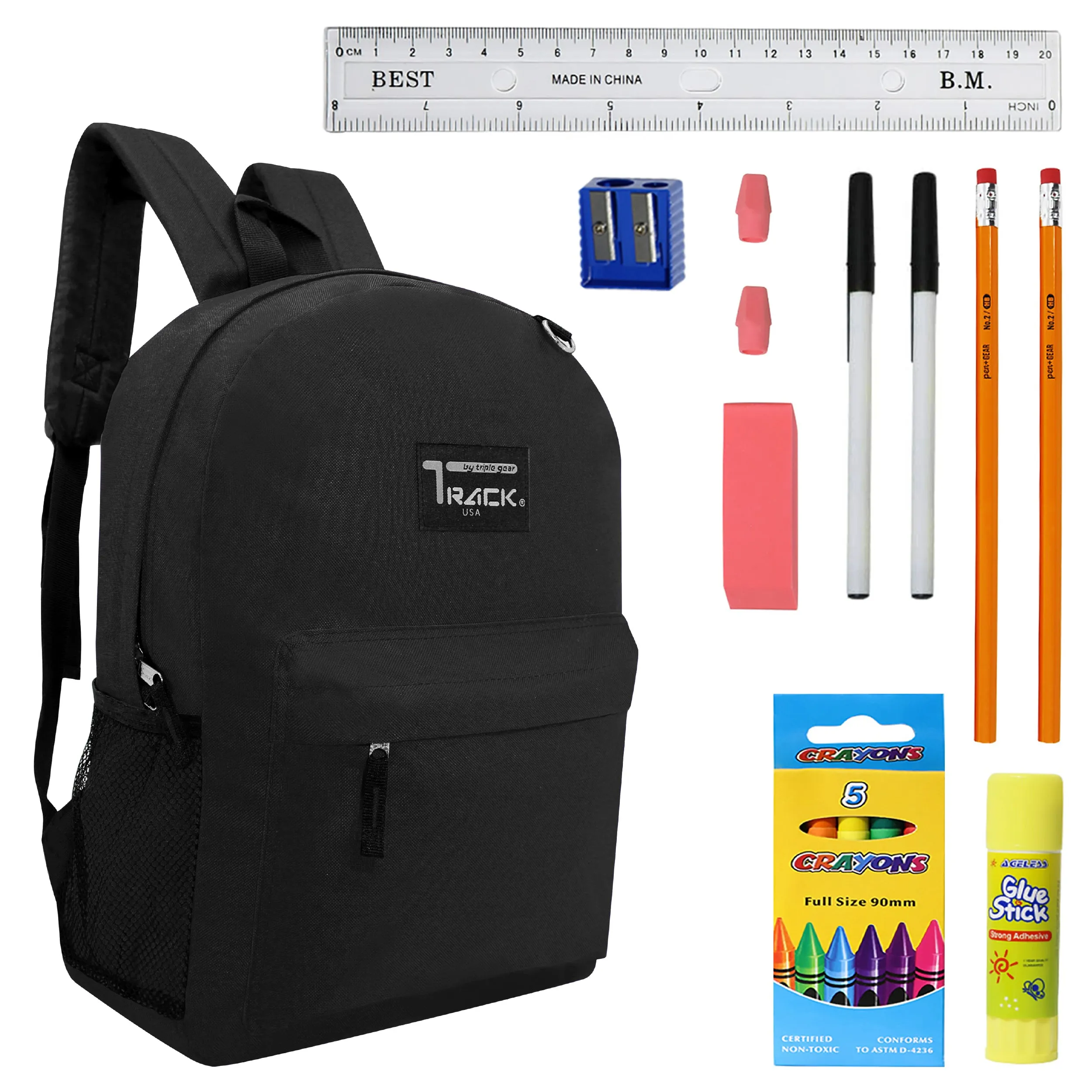 12 Black Wholesale Track Brand 17" Backpacks and 12 School Supply Kits of Your Choice