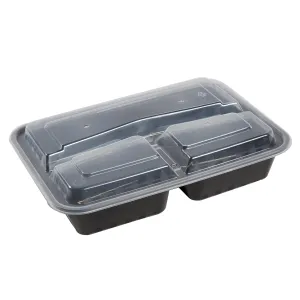 3 Compartment 33 oz. Rectangular Black Containers and Lids, Case of 150