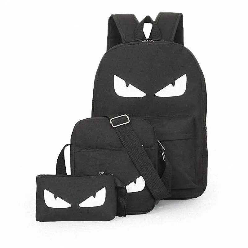 3Pcs/Sets Womens Man Luminous Black Backpacks Canvas School Book Bags Computer Backpack women student bag Large capacity mochila