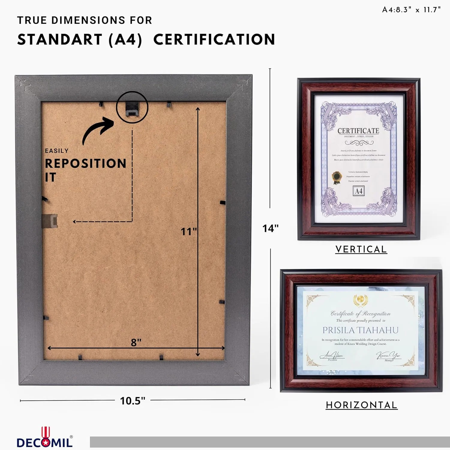 A4 Certificate Frame Holder for Wall - Set of 5, Real Cherry Finish, Solid Wood with Tempered Glass