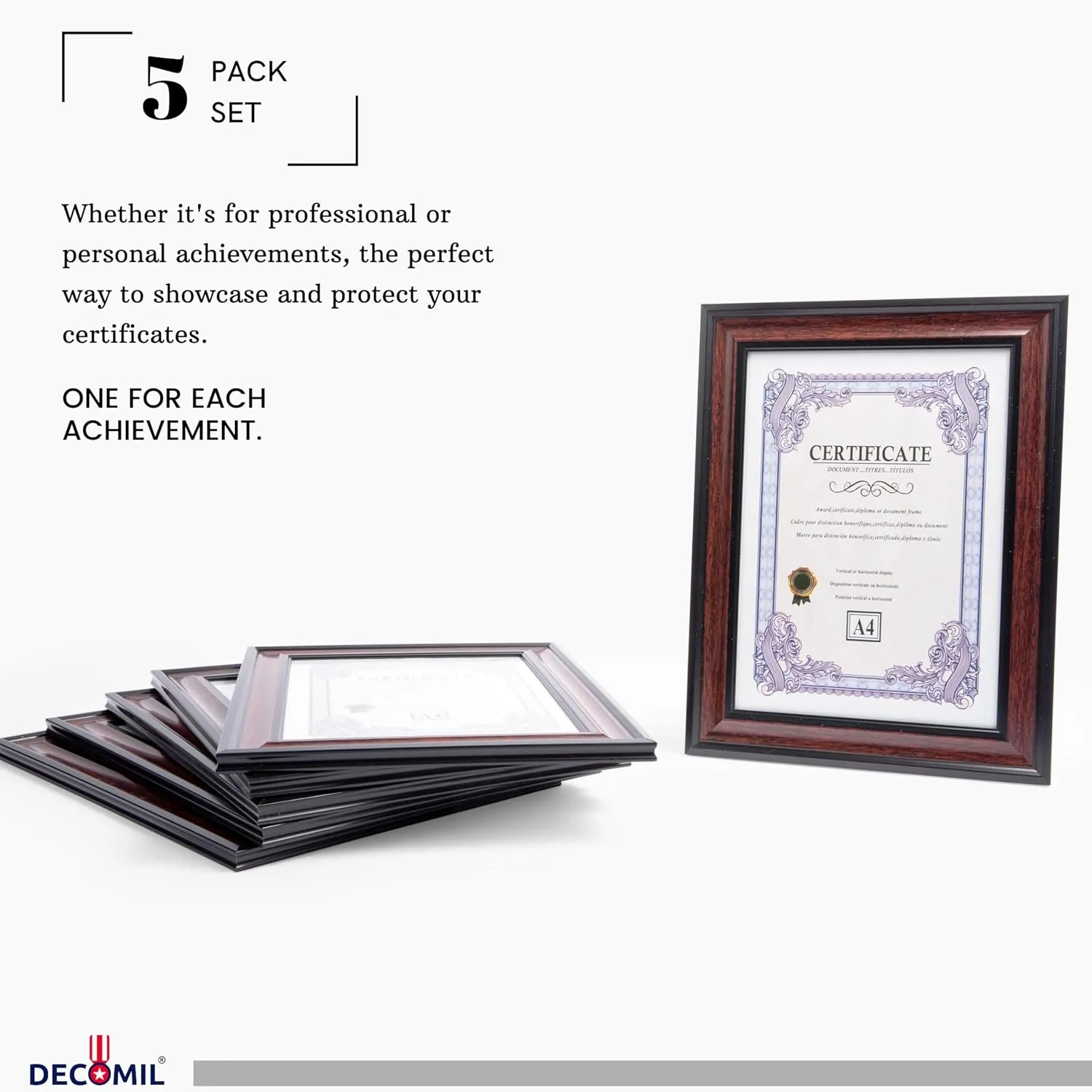 A4 Certificate Frame Holder for Wall - Set of 5, Real Cherry Finish, Solid Wood with Tempered Glass