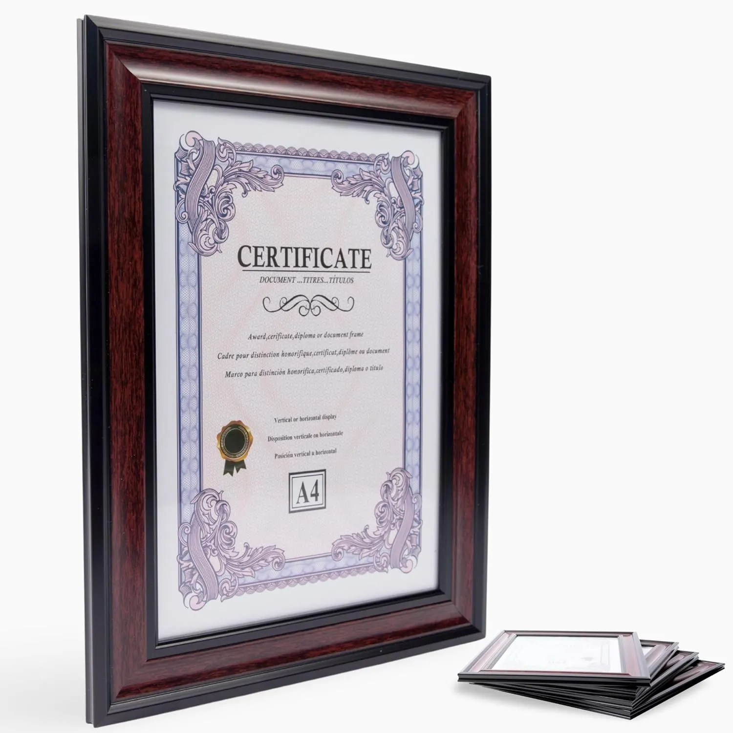 A4 Certificate Frame Holder for Wall - Set of 5, Real Cherry Finish, Solid Wood with Tempered Glass