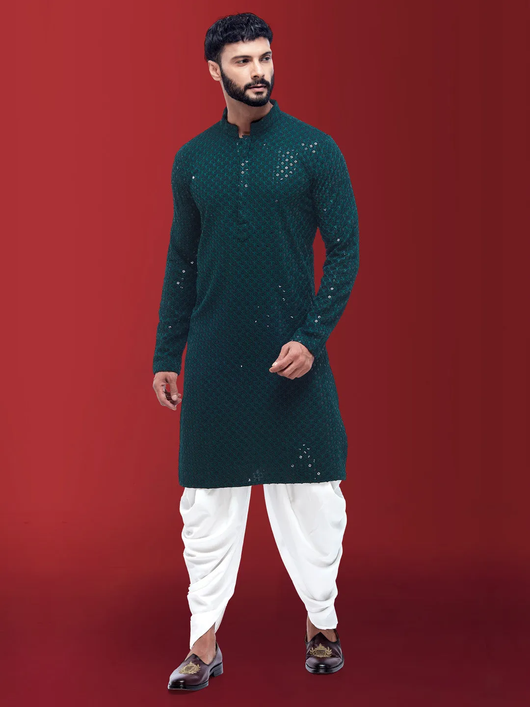 Awesome Peacock Green Cotton Silk Kurta with Minimal Work all Over