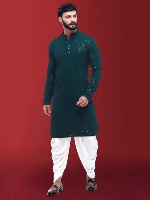 Awesome Peacock Green Cotton Silk Kurta with Minimal Work all Over