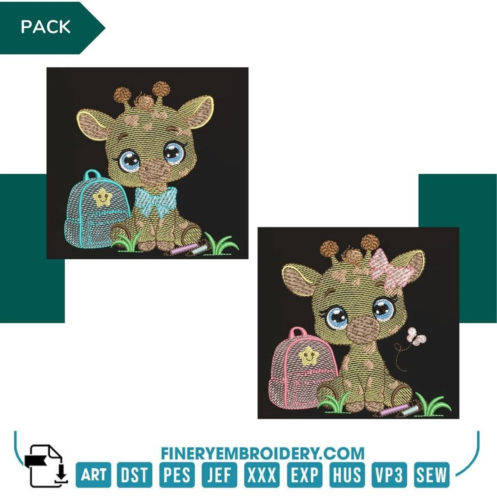 Baby Giraffe back to school - Girls and boys- 2 Embroidery designs Pack