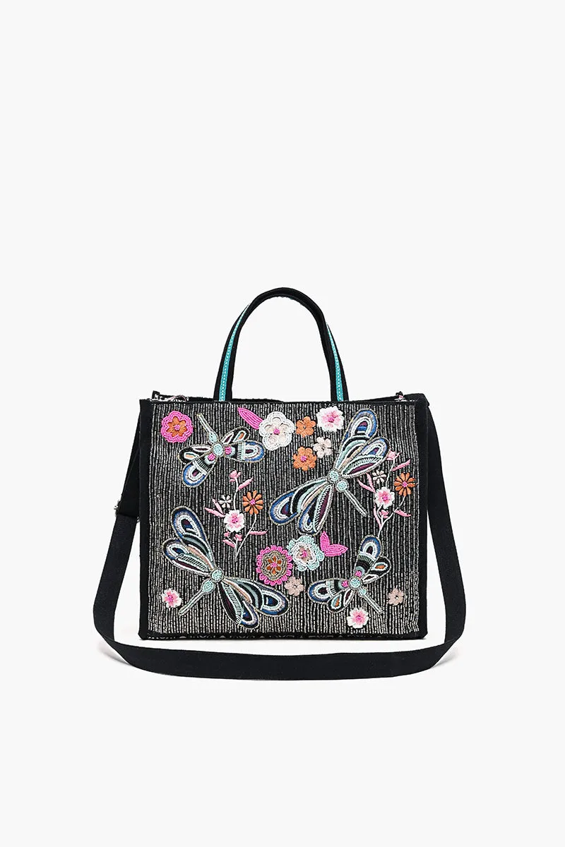 Embellished Shopper Satchel-Black Dragonfly