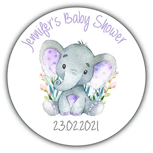 Personalised Baby Shower Party Stickers for Elephant Lilac