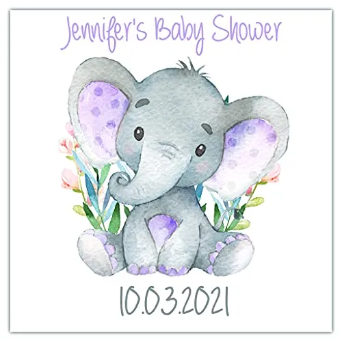 Personalised Baby Shower Party Stickers for Elephant Lilac