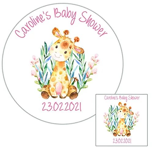 Personalised Baby Shower Party Stickers for Favours Party Bags Giraffe Pink Girl