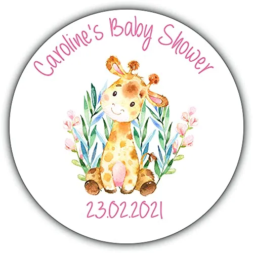 Personalised Baby Shower Party Stickers for Favours Party Bags Giraffe Pink Girl