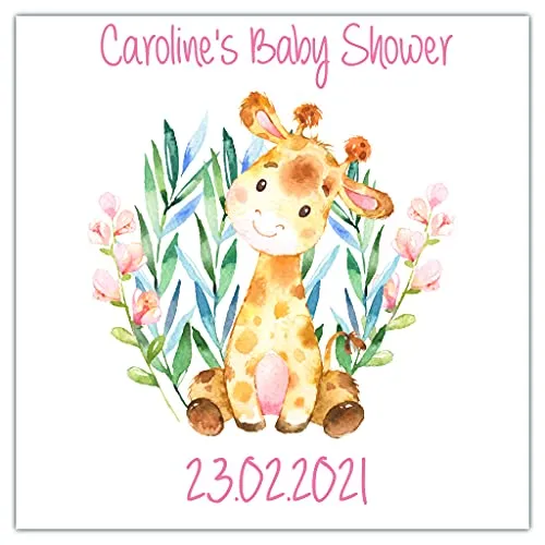 Personalised Baby Shower Party Stickers for Favours Party Bags Giraffe Pink Girl