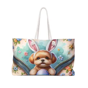 Personalised/Non-Personalised Weekender Bag, Easter, Cute Dog with Bunny Ears, Large Weekender Bag, Beach Bag, Book Bag