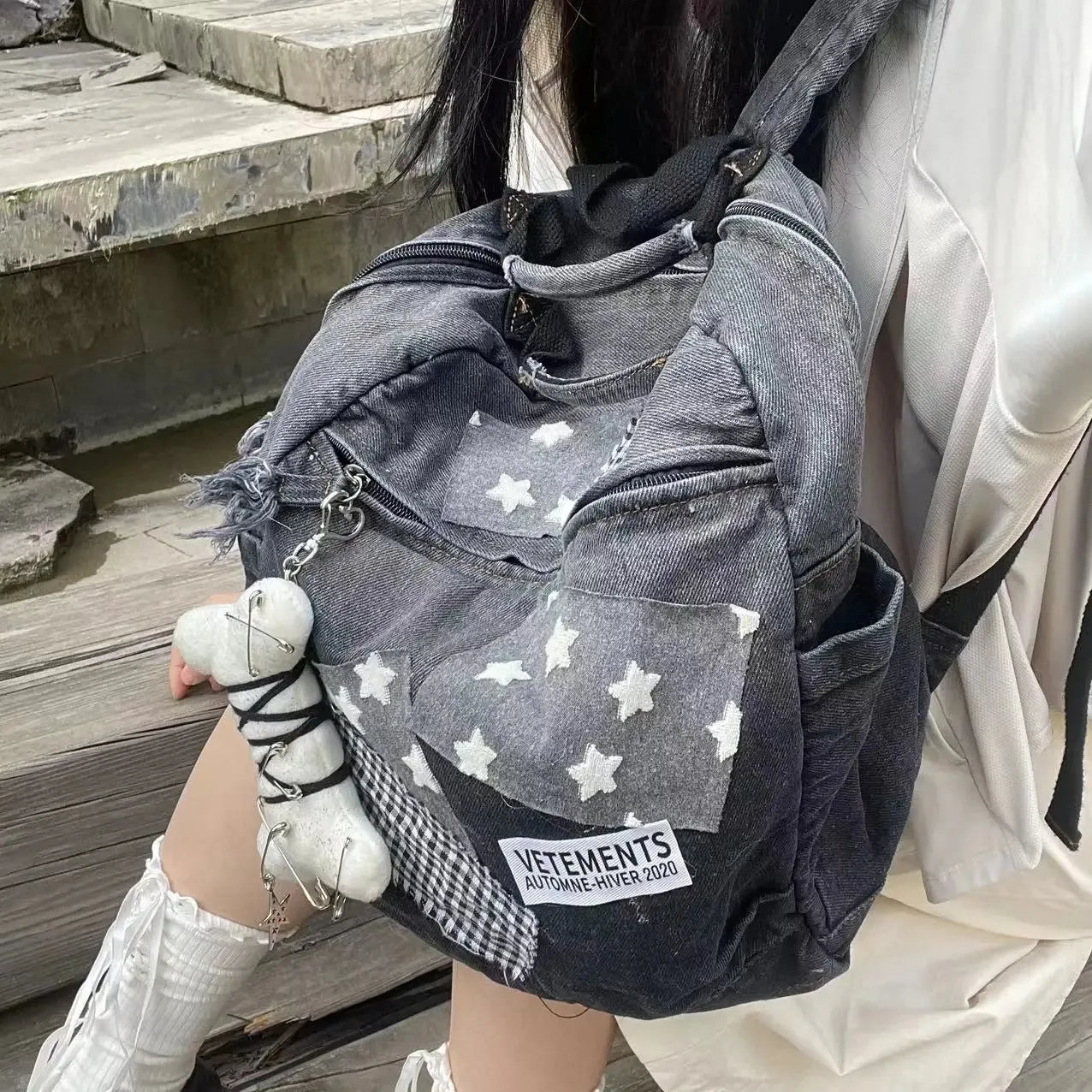 TAVIMART  -  Korean Y2k Star Patchwork Plaid Preppy Student Girl Schoolbag Vintage Denim Gradient Backpacks Fashion Ladies Cute Backpack