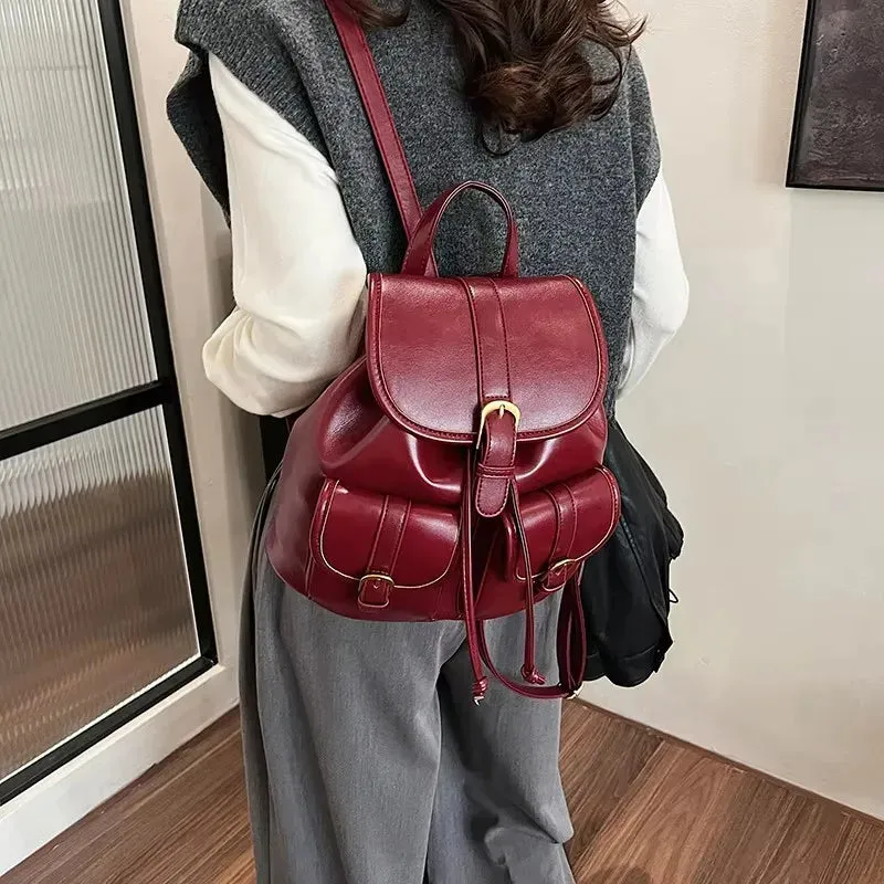 TAVIMART  -  New Winter Retro Small Double Pockets PU Leather Backpack Women Fashion Solid College Student Bags Korean Travel Backpacks