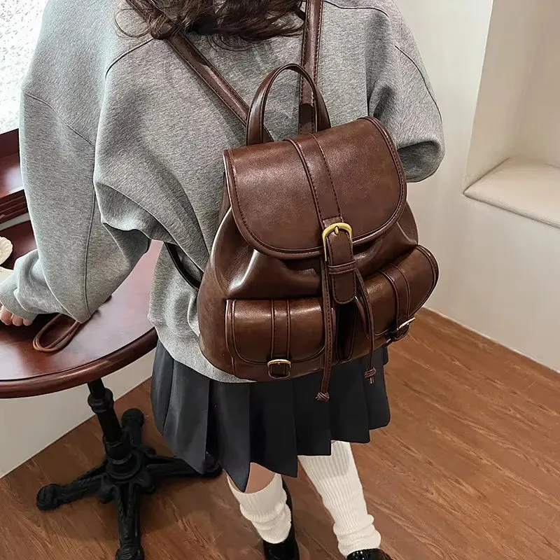 TAVIMART  -  New Winter Retro Small Double Pockets PU Leather Backpack Women Fashion Solid College Student Bags Korean Travel Backpacks