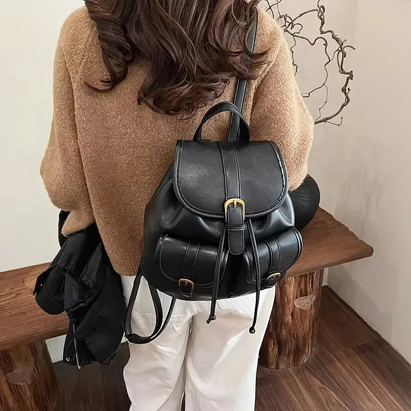 TAVIMART  -  New Winter Retro Small Double Pockets PU Leather Backpack Women Fashion Solid College Student Bags Korean Travel Backpacks