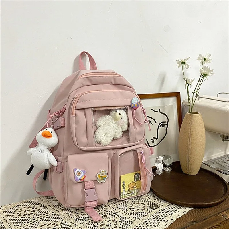 Wenkouban 2023 Buckle Badge Women's Backpack Candy Color Fashion Cute Schoolbag Shoulder Student Bag Teenage Girl College School Backpacks