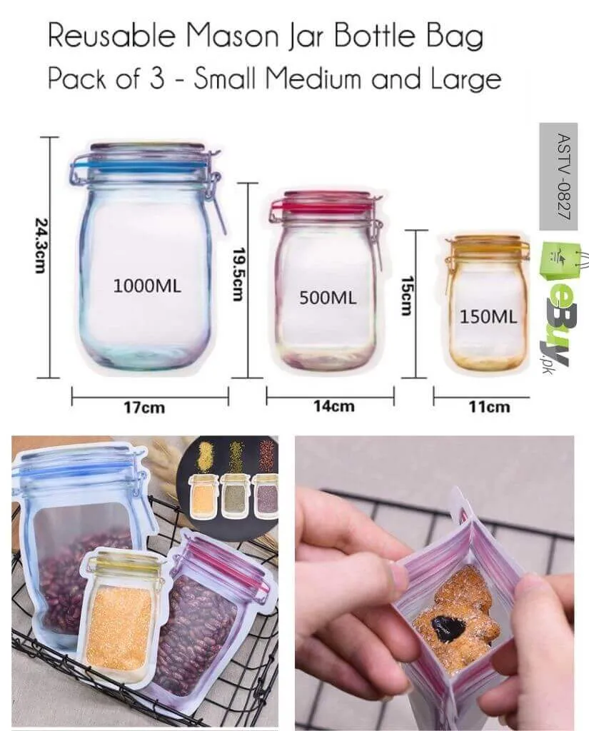 Ziplock Mason Jar Bags Reusable Food Storage Bags Pack Of 3